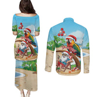 Personalized Hawaii Santa Parrot Christmas Couples Matching Puletasi and Long Sleeve Button Shirt Summer Vibe LT01 - Polynesian Pride