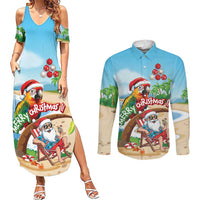 Personalized Hawaii Santa Parrot Christmas Couples Matching Summer Maxi Dress and Long Sleeve Button Shirt Summer Vibe LT01 Blue - Polynesian Pride