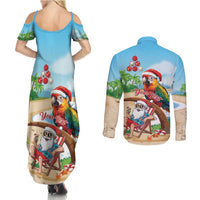 Personalized Hawaii Santa Parrot Christmas Couples Matching Summer Maxi Dress and Long Sleeve Button Shirt Summer Vibe - Polynesian Pride