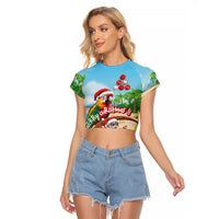 Personalized Hawaii Santa Parrot Christmas Raglan Cropped T Shirt Summer Vibe LT01 Female Blue - Polynesian Pride