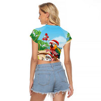 Personalized Hawaii Santa Parrot Christmas Raglan Cropped T Shirt Summer Vibe LT01 - Polynesian Pride