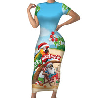 Personalized Hawaii Santa Parrot Christmas Short Sleeve Bodycon Dress Summer Vibe LT01 Long Dress Blue - Polynesian Pride