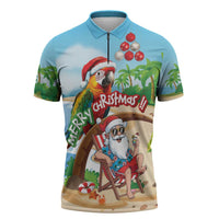 Personalized Hawaii Santa Parrot Christmas Zipper Polo Shirt Summer Vibe LT01 Blue - Polynesian Pride