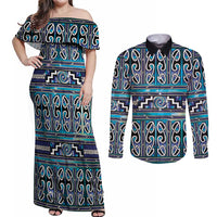 Maori Matariki Couples Matching Off Shoulder Maxi Dress and Long Sleeve Button Shirt Blue Galaxy Aesthetic Koru Art LT01 Blue - Polynesian Pride