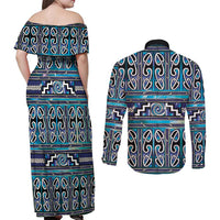 Maori Matariki Couples Matching Off Shoulder Maxi Dress and Long Sleeve Button Shirt Blue Galaxy Aesthetic Koru Art LT01 - Polynesian Pride