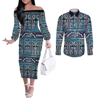 Maori Matariki Couples Matching Off The Shoulder Long Sleeve Dress and Long Sleeve Button Shirt Blue Galaxy Aesthetic Koru Art LT01 Blue - Polynesian Pride
