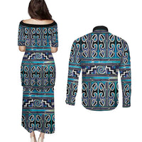 Maori Matariki Couples Matching Puletasi and Long Sleeve Button Shirt Blue Galaxy Aesthetic Koru Art LT01 - Polynesian Pride