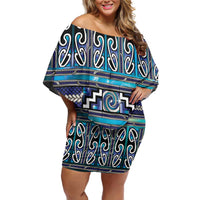 Maori Matariki Off Shoulder Short Dress Blue Galaxy Aesthetic Koru Art LT01 Women Blue - Polynesian Pride