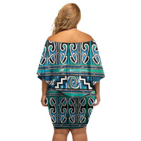 Maori Matariki Off Shoulder Short Dress Green Galaxy Aesthetic Koru Art LT01 - Polynesian Pride