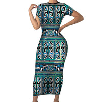 Maori Matariki Short Sleeve Bodycon Dress Green Galaxy Aesthetic Koru Art LT01 Long Dress Green - Polynesian Pride