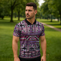 Maori Matariki Zipper Polo Shirt Pink Galaxy Aesthetic Koru Art LT01 - Polynesian Pride
