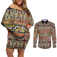 Maori Matariki Couples Matching Off Shoulder Short Dress and Long Sleeve Button Shirt Yellow Galaxy Aesthetic Koru Art LT01 Yellow - Polynesian Pride