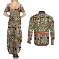Maori Matariki Couples Matching Summer Maxi Dress and Long Sleeve Button Shirt Yellow Galaxy Aesthetic Koru Art LT01 - Polynesian Pride