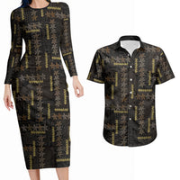 Hawaii Brown Plumeria Lei Black Couples Matching Long Sleeve Bodycon Dress and Hawaiian Shirt Frangipani Floral Heritage Art LT01 Black - Polynesian Pride