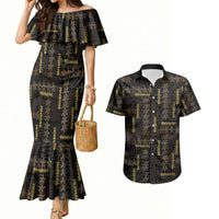 Hawaii Brown Plumeria Lei Black Couples Matching Mermaid Dress and Hawaiian Shirt Frangipani Floral Heritage Art LT01 Black - Polynesian Pride