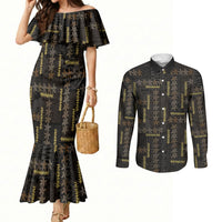 Hawaii Brown Plumeria Lei Black Couples Matching Mermaid Dress and Long Sleeve Button Shirt Frangipani Floral Heritage Art LT01 Black - Polynesian Pride