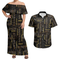 Hawaii Brown Plumeria Lei Black Couples Matching Off Shoulder Maxi Dress and Hawaiian Shirt Frangipani Floral Heritage Art LT01 Black - Polynesian Pride