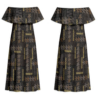 Hawaii Brown Plumeria Lei Black Couples Matching Off Shoulder Maxi Dress and Hawaiian Shirt Frangipani Floral Heritage Art LT01 - Polynesian Pride