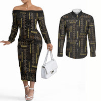 Hawaii Brown Plumeria Lei Black Couples Matching Off The Shoulder Long Sleeve Dress and Long Sleeve Button Shirt Frangipani Floral Heritage Art LT01 Black - Polynesian Pride