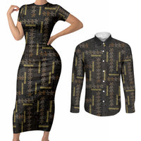 Hawaii Brown Plumeria Lei Black Couples Matching Short Sleeve Bodycon Dress and Long Sleeve Button Shirt Frangipani Floral Heritage Art LT01 Black - Polynesian Pride