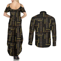Hawaii Brown Plumeria Lei Black Couples Matching Summer Maxi Dress and Long Sleeve Button Shirt Frangipani Floral Heritage Art