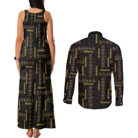 Hawaii Brown Plumeria Lei Black Couples Matching Tank Maxi Dress and Long Sleeve Button Shirt Frangipani Floral Heritage Art