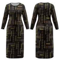 Hawaii Brown Plumeria Lei Black Family Matching Long Sleeve Bodycon Dress and Hawaiian Shirt Frangipani Floral Heritage Art LT01 Mom's Dress Black - Polynesian Pride