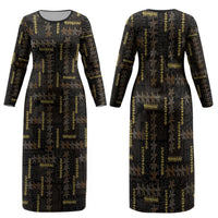 Hawaii Brown Plumeria Lei Black Family Matching Long Sleeve Bodycon Dress and Hawaiian Shirt Frangipani Floral Heritage Art LT01 Mom's Dress Black - Polynesian Pride