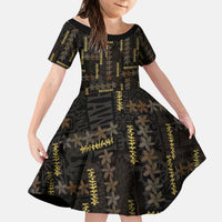 Hawaii Brown Plumeria Lei Black Kid Short Sleeve Dress Frangipani Floral Heritage Art LT01 KID Black - Polynesian Pride