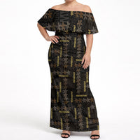 Hawaii Brown Plumeria Lei Black Off Shoulder Maxi Dress Frangipani Floral Heritage Art LT01 Women Black - Polynesian Pride
