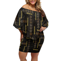 Hawaii Brown Plumeria Lei Black Off Shoulder Short Dress Frangipani Floral Heritage Art LT01 Women Black - Polynesian Pride