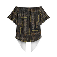 Hawaii Brown Plumeria Lei Black Off Shoulder Wrap Waist Top Frangipani Floral Heritage Art LT01 - Polynesian Pride