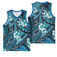 Polynesian Hibiscus Tropical Blue Floral Basketball Jersey Tribal Pattern LT01 - Polynesian Pride