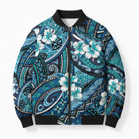 Polynesian Hibiscus Tropical Blue Floral Bomber Puffer Jacket Tribal Pattern LT01 Unisex Blue - Polynesian Pride