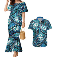 Polynesian Hibiscus Tropical Blue Floral Couples Matching Mermaid Dress and Hawaiian Shirt Tribal Pattern - Polynesian Pride