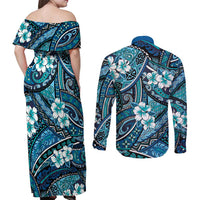 Polynesian Hibiscus Tropical Blue Floral Couples Matching Off Shoulder Maxi Dress and Long Sleeve Button Shirt Tribal Pattern LT01 - Polynesian Pride