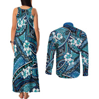 Polynesian Hibiscus Tropical Blue Floral Couples Matching Tank Maxi Dress and Long Sleeve Button Shirt Tribal Pattern LT01 - Polynesian Pride