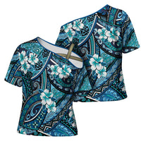 Polynesian Hibiscus Tropical Blue Floral Cross Shoulder Shirt Tribal Pattern LT01 - Polynesian Pride