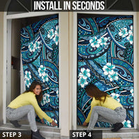 Polynesian Hibiscus Tropical Blue Floral Door Cover Tribal Pattern - Polynesian Pride