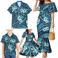 Polynesian Hibiscus Tropical Blue Floral Family Matching Mermaid Dress and Hawaiian Shirt Tribal Pattern - Polynesian Pride