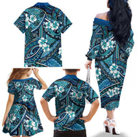 Polynesian Hibiscus Tropical Blue Floral Family Matching Off The Shoulder Long Sleeve Dress and Hawaiian Shirt Tribal Pattern - Polynesian Pride