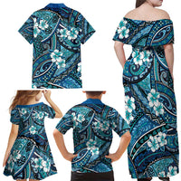 Polynesian Hibiscus Tropical Blue Floral Family Matching Off Shoulder Maxi Dress and Hawaiian Shirt Tribal Pattern - Polynesian Pride