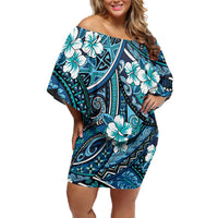 Polynesian Hibiscus Tropical Blue Floral Family Matching Off Shoulder Short Dress and Hawaiian Shirt Tribal Pattern - Polynesian Pride