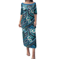 Polynesian Hibiscus Tropical Blue Floral Family Matching Puletasi and Hawaiian Shirt Tribal Pattern - Polynesian Pride