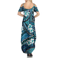 Polynesian Hibiscus Tropical Blue Floral Family Matching Summer Maxi Dress and Hawaiian Shirt Tribal Pattern - Polynesian Pride