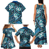 Polynesian Hibiscus Tropical Blue Floral Family Matching Tank Maxi Dress and Hawaiian Shirt Tribal Pattern - Polynesian Pride