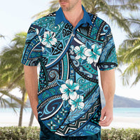 Polynesian Hibiscus Tropical Blue Floral Hawaiian Shirt Tribal Pattern - Polynesian Pride