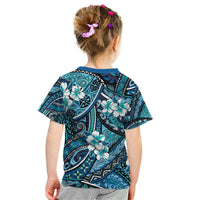 Polynesian Hibiscus Tropical Blue Floral Kid T Shirt Tribal Pattern - Polynesian Pride