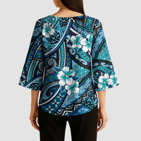 Polynesian Hibiscus Tropical Blue Floral Kimono Sleeve Blouse Tribal Pattern LT01 - Polynesian Pride