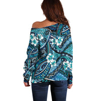 Polynesian Hibiscus Tropical Blue Floral Off Shoulder Sweater Tribal Pattern - Polynesian Pride